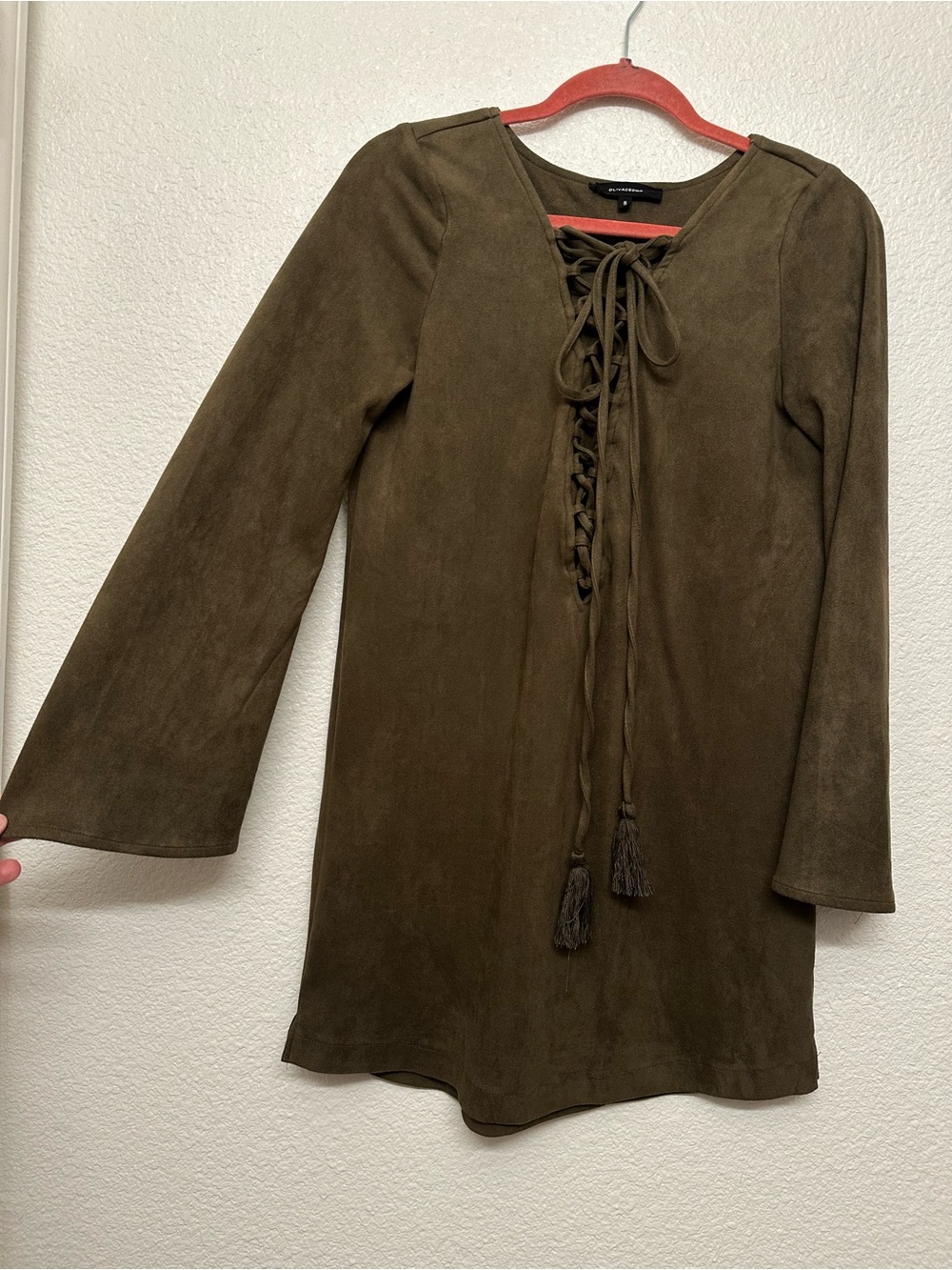 Olivaceous Olive Lace-Up Suede Mini Dress